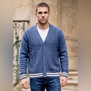 ESC Men's Blue Cable-Knit Button Cardigan Sweater in Blue w/White Stripes L